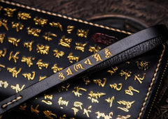 Handmade Leather Mens Chinese Handwriting Biker Chain Wallet Cool Leather Wallets Long Wallets for Men