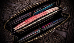 Handmade Leather Mens Chain Chinese Handwriting Biker Wallets Cool Leather Wallet Long Phone Wallets for Men