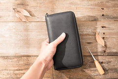 Cool Black Leather Mens Zipper Clutch Wallet Long Wallet for Men