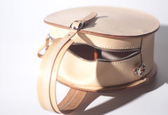 Handmade Womens Beige Leather Circle Handbag Round Purse Crossbody Bag for Women