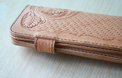 Handmade Mens Tooled Floral Beige Leather Long Biker Wallet Cool Long Chain Wallet for Men