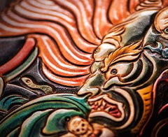 Handmade Leather Tooled Mahākāla Mens Zipper Long Wallet Cool Leather Wristlet Wallet for Men