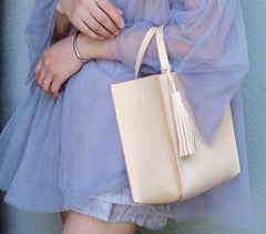 Handmade Leather Small Beige Womens Tote Shoulder Bag Handbag Purse Tassels for Women