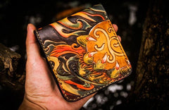 Handmade Leather Chinese Lion Tooled Mens Small Wallet Cool Leather Wallet billfold Wallet for Men