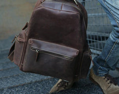 Vintage Coffee Mens Leather Backpack Travel Backpacks Laptop Backpack for men