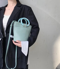 Cute Green Leather Womens Mini Bucket Purse Handbag Barrel Shoulder Bag for Women