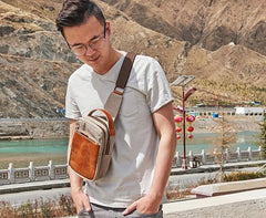 Cool Gray Canvas Leather Mens Sling Bag Chest Bag One Shoulder Pack for men