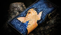 Handmade Leather Men Tooled Carp Cool Leather Biker Wallets Long Wallets for Men