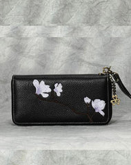 Magnolia Flower Embroidery Pink Leather Magnolia Wristlet Wallet Womens Zip Around Wallets Flowers Magnolia Ladies Zipper Clutch Wallet for Women