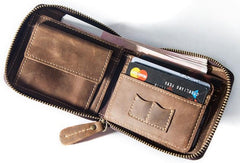 Vintage Leather Men Small Zipper Wallet Bifold billfold Wallet for Men