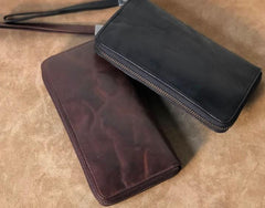 Genuine Leather Mens Cool Long Leather Wallet Zipper Clutch Wristlet Wallet for Men