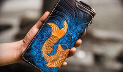 Handmade Leather Men Tooled Carp Cool Biker Leather Wallets Long Chain Wallets for Men