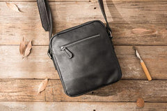 Black Small Leather Mens Shoulder Bags Messenger Bags for Men