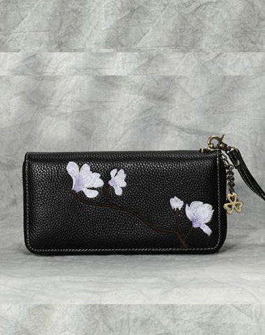 Magnolia Flower Embroidery Blue Leather Magnolia Wristlet Wallet Womens Zip Arou WW00981066