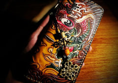 Handmade Leather Mens Tooled Buddha&Demon Chain Biker Wallet Cool Leather Wallet Long Clutch Wallets for Men