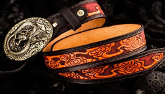 Handmade Leather Tooled Chinese Dragon Mens Belt Custom Cool Leather Men Belts for Men