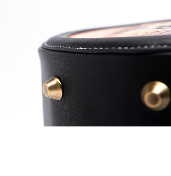 Handmade Womens Tooled Leather Round Handbag Purse - Side View