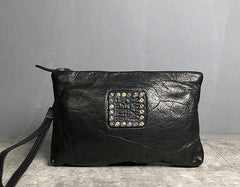 Handmade Genuine Leather Mens Clutch Cool Slim Wallet Zipper Clutch Wristlet Wallet for Men