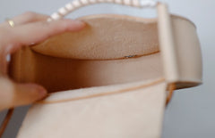 Cute Leather Beige Womens Small Round Saddle Crossbody Purse Shoulder Bag for Women