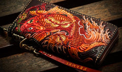 Handmade Leather Tooled Carp Mens Chain Biker Wallets Cool Leather Wallet Long Wallets for Men