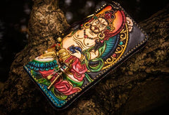 Handmade Leather Tooled Yellow Jambhala Mens Chain Biker Wallets Cool Leather Wallet Zipper Long Wallets for Men