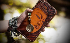 Handmade Leather Mens Tooled Buddha&Demon Chain Biker Wallet Cool Leather Wallet Long Clutch Wallets for Men