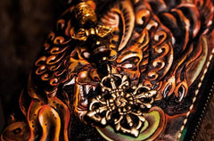 Handmade Leather Mens Tooled Monster Chain Biker Wallets Cool Leather Clutch Wallets Long Wallets for Men