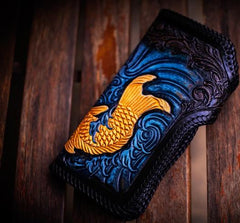 Handmade Leather Carp Tooled Long Mens Chain Biker Wallets Cool Leather Wallet With Chain Wallets for Men