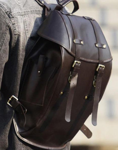 Handmade Leather Mens Cool Backpack Large Black Travel Backpack Hiking Backpack for men