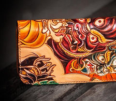 Handmade Leather Tooled Mahākāla Mens Zipper Long Wallet Cool Leather Wristlet Wallet for Men
