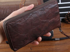 Genuine Leather Mens Cool Long Leather Wallet Zipper Clutch Wristlet Wallet for Men
