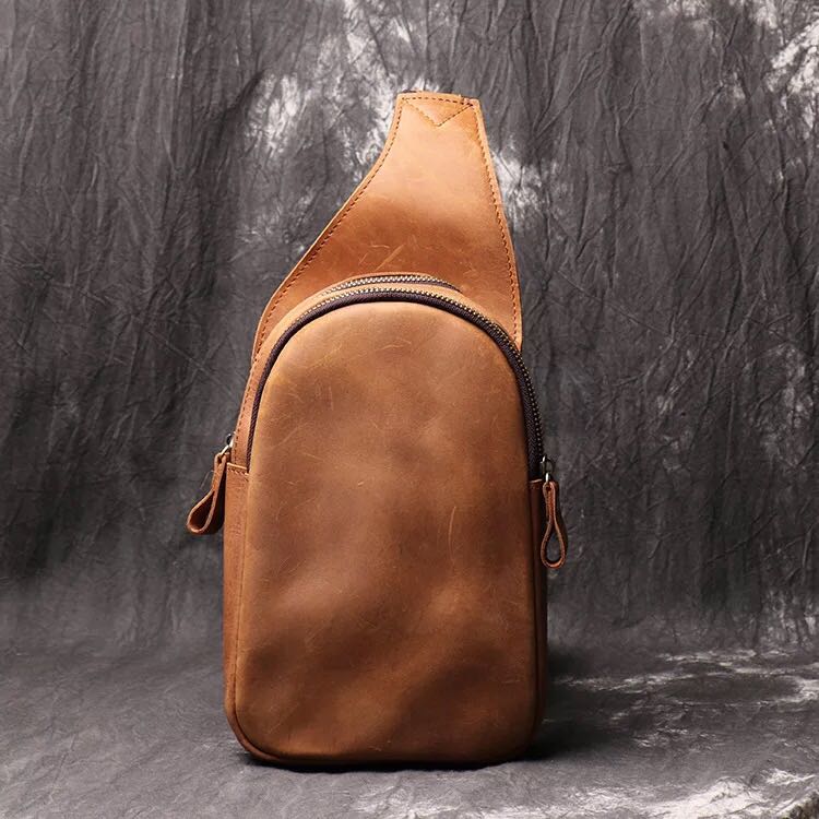 Genuine Leather Mens Cool Chest Bag Sling Bag Crossbody Bag Travel Bag Hiking Bag for men