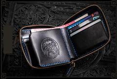 Handmade Leather Chinese Lion Tooled Mens billfold Wallet Cool Chain Wallet Biker Wallet for Men