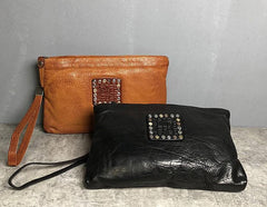 Handmade Genuine Leather Mens Clutch Cool Slim Wallet Zipper Clutch Wristlet Wallet for Men