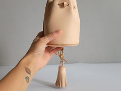 Handmade Leather Beige Womens Mini Wristlet Purse Bucket Purse Barrel Shoulder Bags for Women