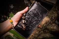 Handmade Leather Acalanatha Mens Tooled Chain Biker Wallet Cool Leather Wallet Long Clutch Wallets for Men