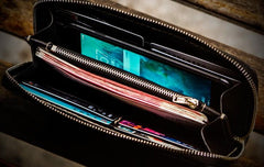 Handmade Leather Mens Chain Biker Wallet Leather Clutch Wallet Cool Long Wallets for Men