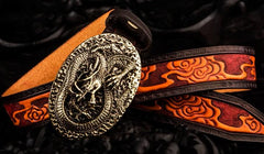 Handmade Leather Tooled Chinese Dragon Mens Belt Custom Cool Leather Men Belts for Men