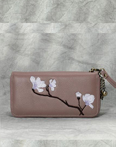 Magnolia Flower Embroidery Gray Leather Magnolia Wristlet Wallet Womens Zip Arou WW00981066