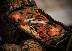 Handmade Leather Black Mens Tooled Skull Chain Biker Wallet Cool Leather Wallet Long Clutch Wallets for Men