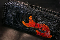 Handmade Leather Long Black Biker Wallet Trucker Wallet Leather Chain Men Red Carp Tooled Wallet - EverHandmade