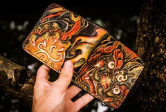 Handmade Leather Chinese Lion Tooled Mens Small Wallet Cool Leather Wallet billfold Wallet for Men
