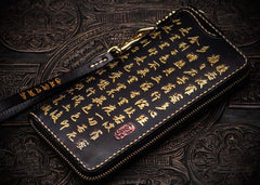 Handmade Leather Mens Chinese Handwriting Biker Chain Wallet Cool Leather Wallets Long Wallets for Men