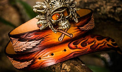 Handmade Cool Brown Leather Tooled Skull Mens Belt Leather Men Belt for Men