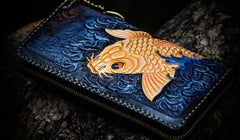 Handmade Leather Men Tooled Carp Cool Leather Biker Wallets Long Wallets for Men