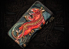 Handmade Leather Chinese Monster Mens Long Chain Biker Wallet Tooled Leather Wallet With Chain Wallets for Men