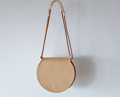 Cute Leather Beige Womens Small Round Saddle Crossbody Purse Shoulder Bag for Women