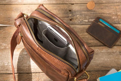 Cool Small Leather Black Mens Messenger Bags Shoulder Bags  for Men