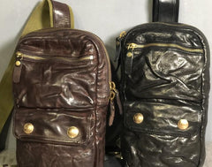 Genuine Leather Mens Cool Chest Bag Sling Bag Coffee Crossbody Pack Sling Pack for men