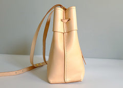 Handmade Leather Beige Womens Bucket Purses Barrel Shoulder Bags for Women